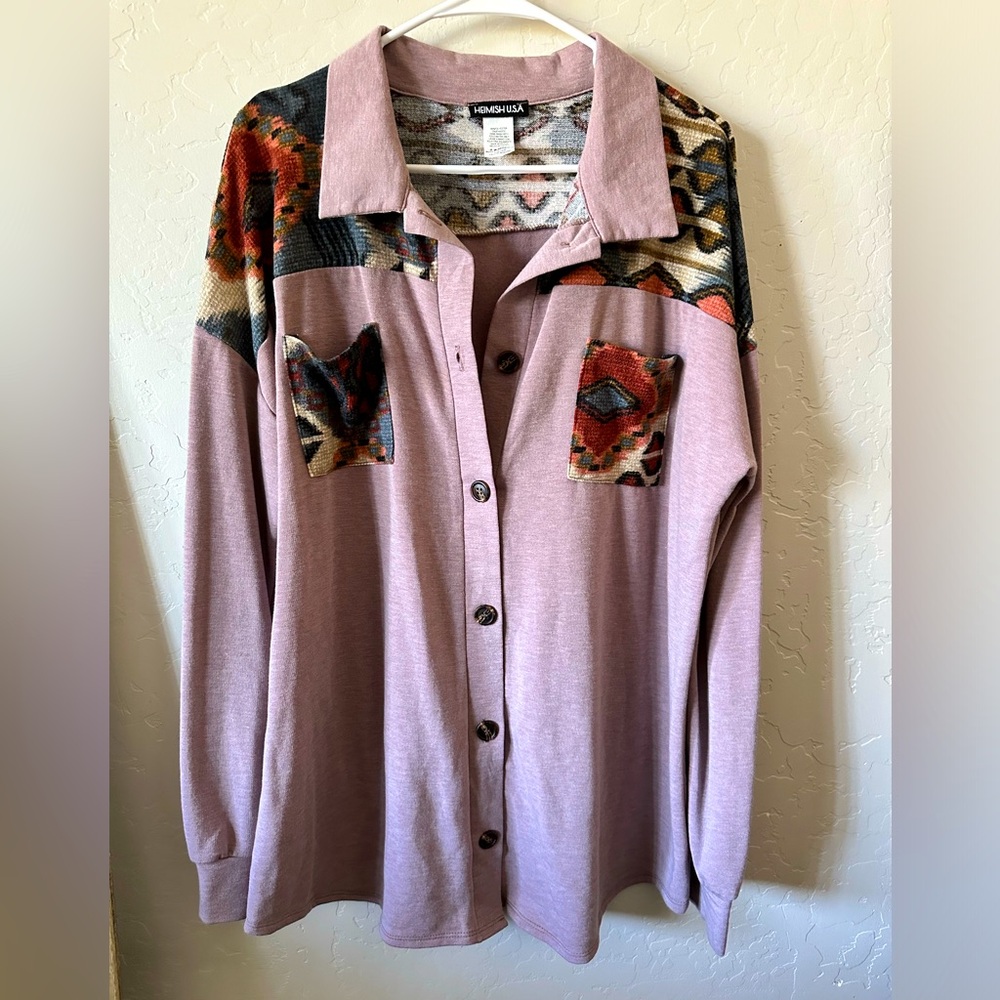 Mauve Pink Axtec Western Boutique Button Down Shirt